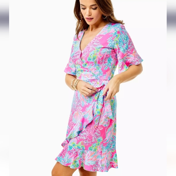 Lilly Pulitzer Dress Isella Wrap Prosecco Pink XS 0 2 NEW Summer Designer Chic - Picture 3 of 7